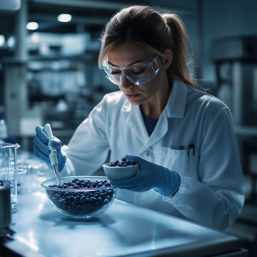 Female scientist in a laboratory wearing safety goggles and gloves, conducting an experiment with blueberries using a pipette.